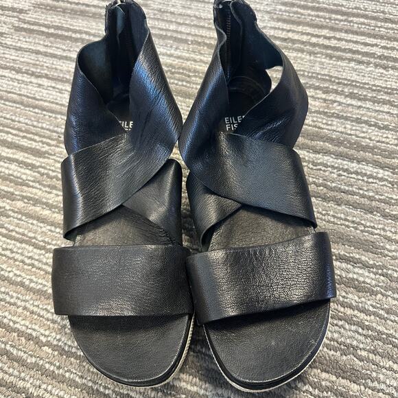 Eileen Fisher Sport Black Tumbled Leather Sneaker Sandals‎ Coastal Preppy Staple - Picture 2 of 8